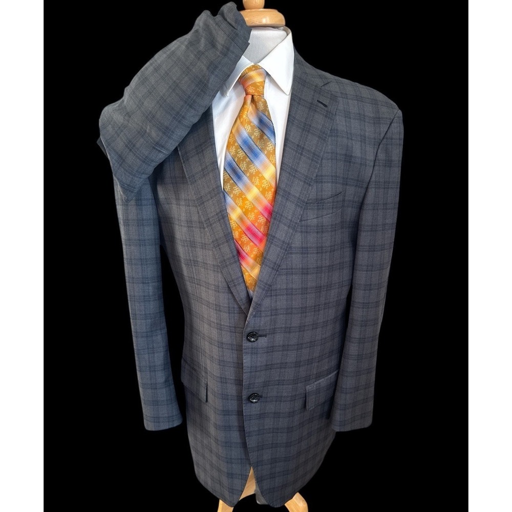 Custom Made Bespoke Gray Blue Plaid Suit‎ Lightweight Wool 42R Slim Pant 35 x 28